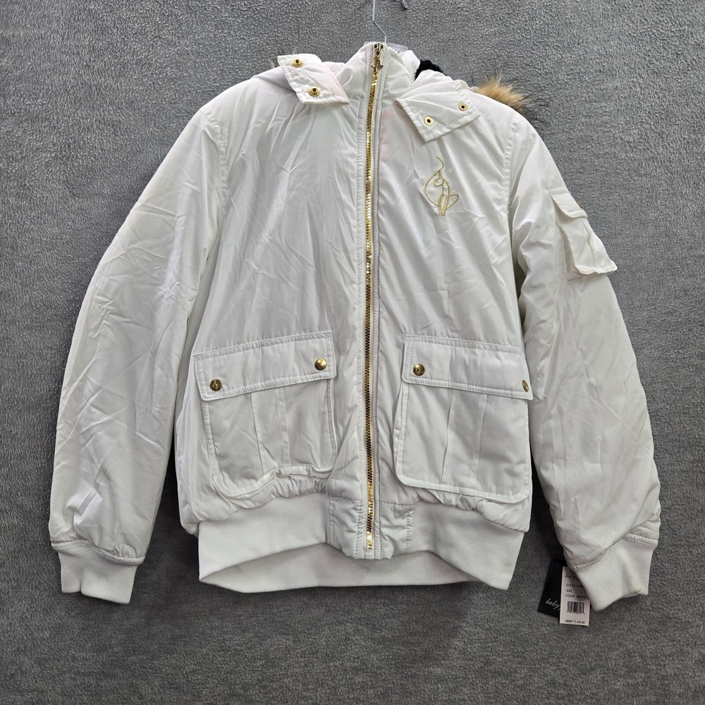Baby Phat Women Jacket Large White Parka Hooded Logo Embroidered Full Zip READ